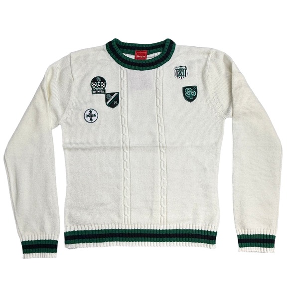 SouthPole VTG Mens White Green Athletic Crest‎ Patch Cable Knit Sweater Size L - Picture 2 of 11